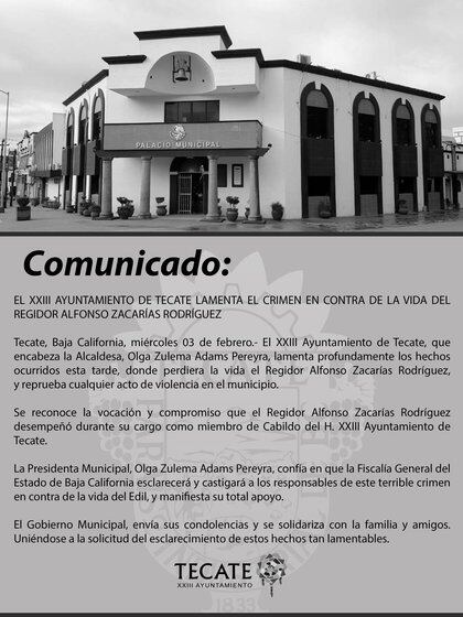 El Ayuntamiento de Tecate ha lamentado el asesinato (Foto: Facebook/Ayuntamiento de Tecate)
