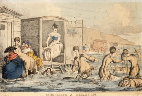 IlustraciÃ³n de 1798 donde hombres y mujeres disfrutaban del mar. Mujeres en vestidos largos y hombres con pantalones y blusas de mangas largasÂ (Photo by Hulton Archive/Getty Images)
