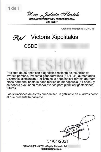 El certificado médico firmado por la endocrinóloga que atendió a Vicky Xipolitakis
