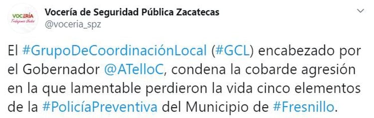 La Vocería de Seguridad Pública Zacatecas condenó el ataque contra los policías (Foto: Twitter/voceria_spz)