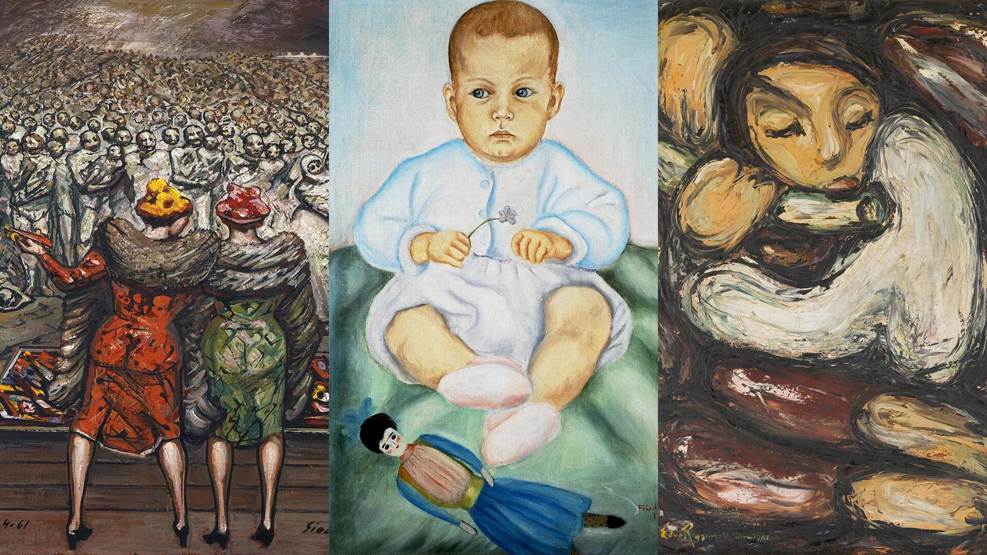 Obras de: David Alfaro Siqueiros “Entrega de juguetes” (1961) – Frida Kahlo “Retrato de Isolda Pinedo Kahlo” (1929) y Eduardo Ramirez Villamizar Angel flautista, (s.f)