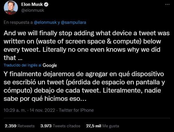 Elon Musk anuncia en Twitter que se dejará de mostrar el origen de las publicaciones en la red social. (Captura)