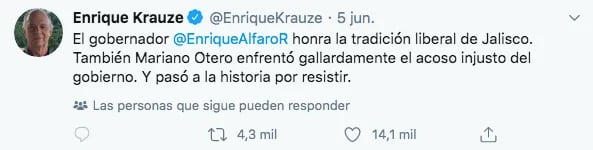 Tuit de @EnriqueKrauze por el que López Obrador lo comparó con Lucas Alamán