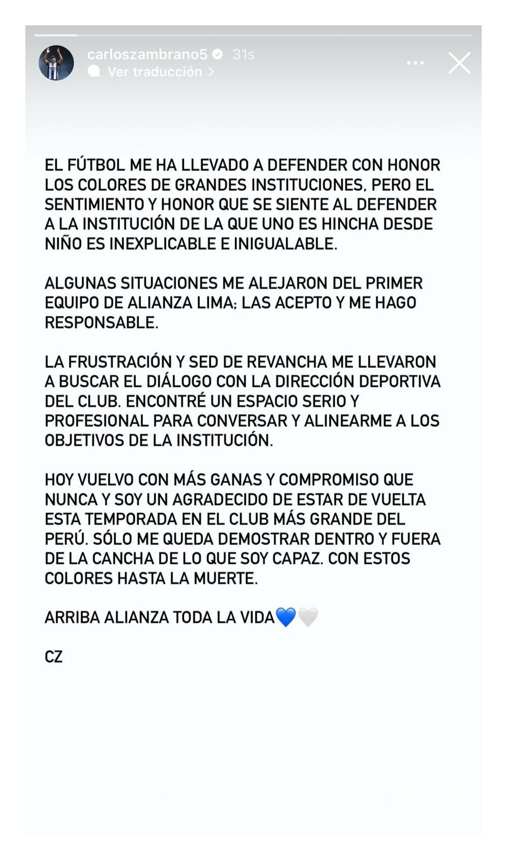Mensaje de Carlos Zambrano tras confirmarse su regreso al primer equipo de Alianza Lima