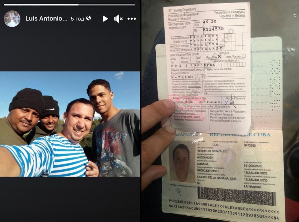 Foto subida a las redes de un grupo de cubanos reclutados por el ejército ruso y la copia del pasaporte y la entrada en Moscú del hombre que tomó la foto y viste una típica camiseta de los soldados rusos. (InformNapalm)