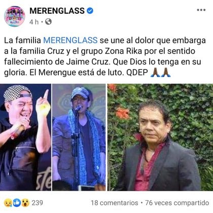Agrupaciones y fanáticos del merengue se despidieron de Jimmy Cruz (Foto: Facebook/Merenglass)