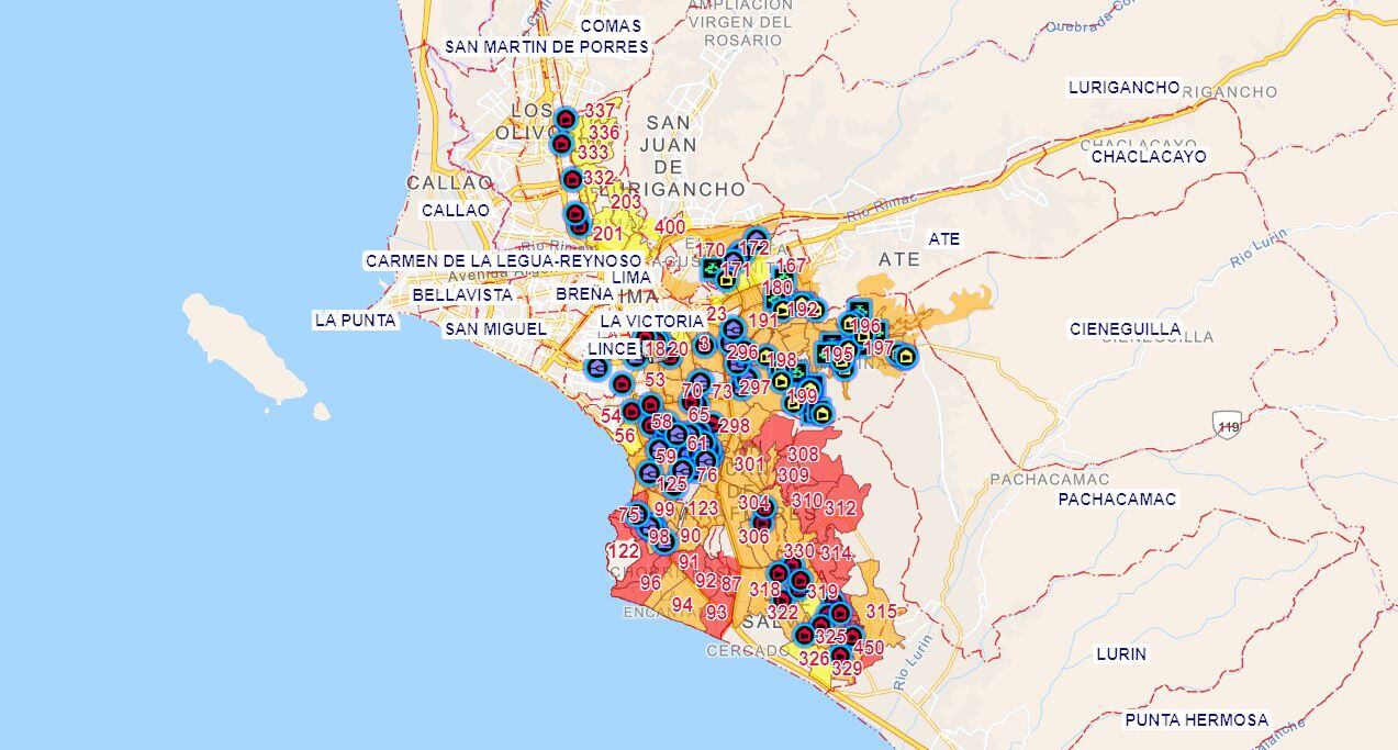 Mapa de Sedapal sobre corte masivo de agua en Lima Metropolitana, en Perú.