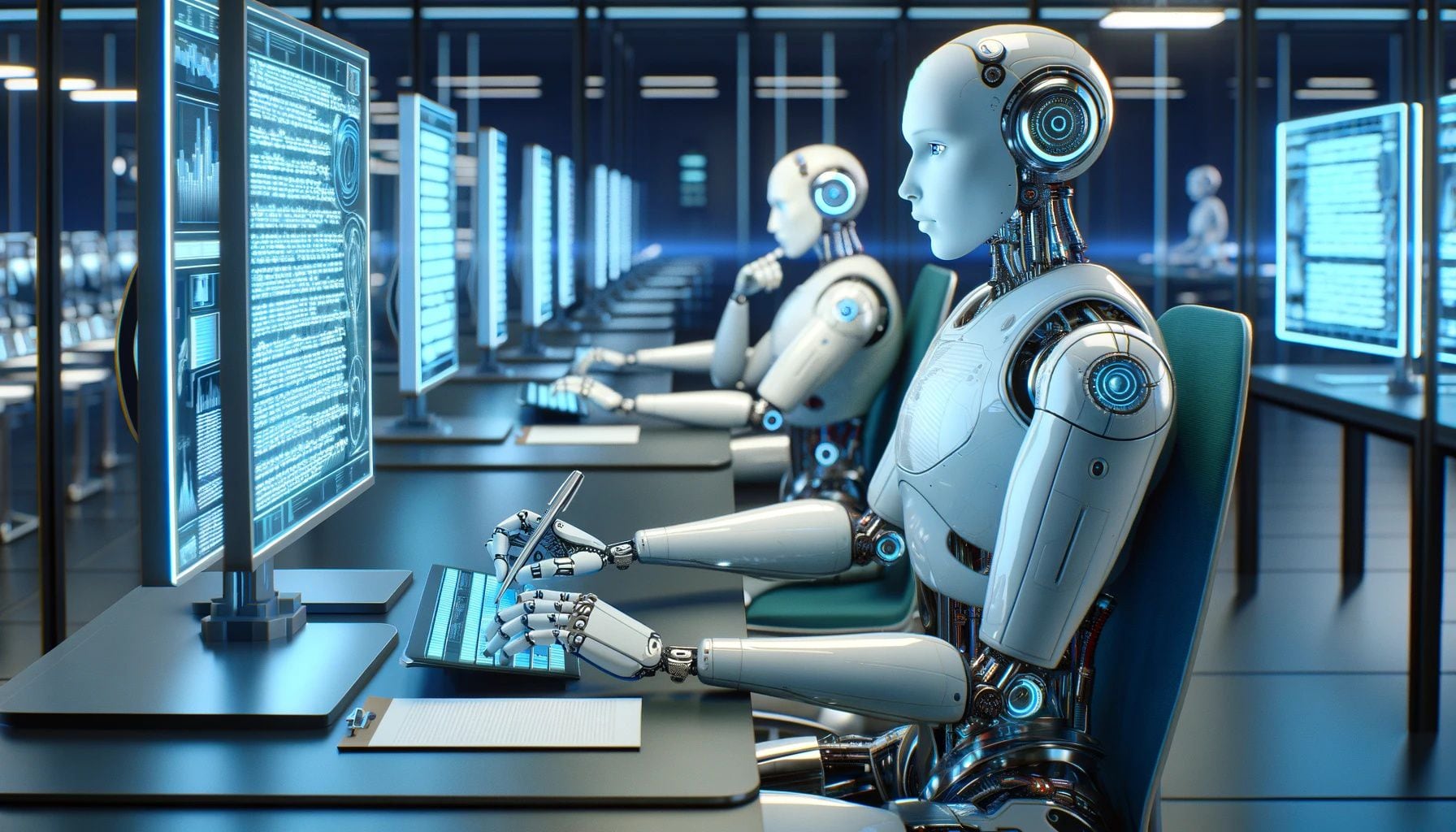 Robots AI, escriben artículos periodísticos, notas en ordenadores de una oficina -  (Imagen Ilustrativa Infobae)