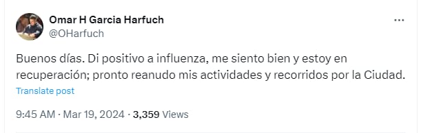 García Harfuch anunció vía X (antes Twitter) que ya está en recuperación tras ser diagnosticado con influenza. (@OHarfuch/Captura de pantalla).