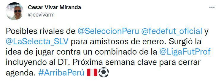 Tuit de César Vivar sobre los posibles rivales de Perú: Guatemala y El Salvador.