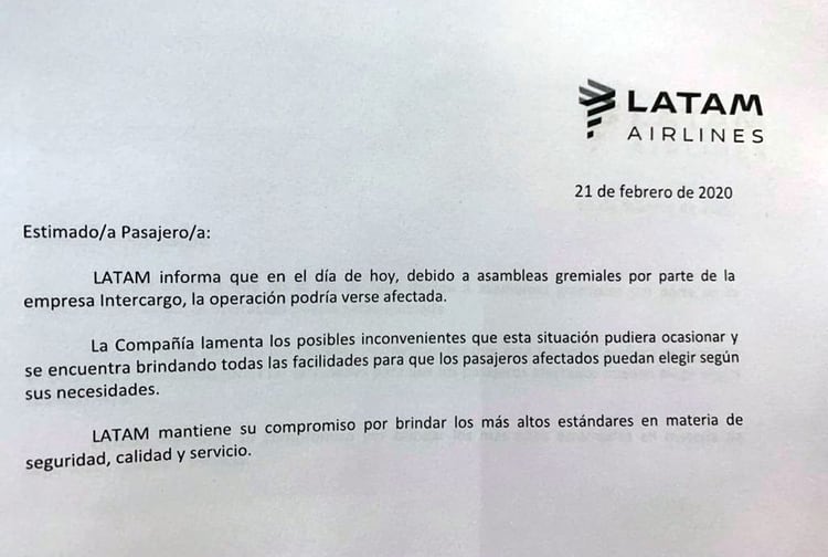Foto: Informe de Latam Airlines sobre convocatoria para la asamblea de Intercargo