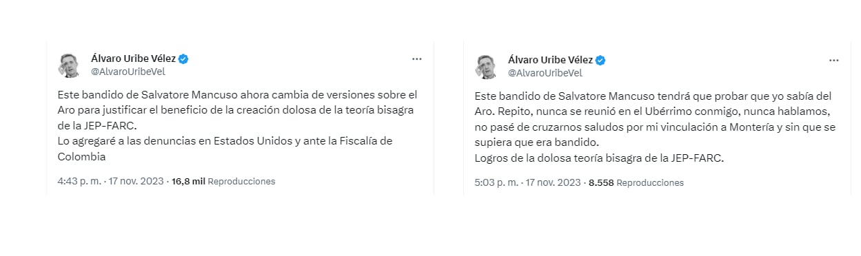 El expresidente contestó a los señalamientos que hizo en su contra Salvatore Mancuso ante la JEP - crédito @AlvaroUribeVel/X