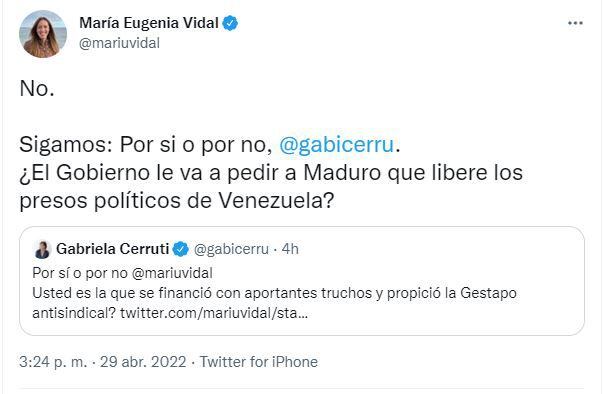 La respuesta de María Eugenia Vidal a Gabriela Cerrutti en Twitter