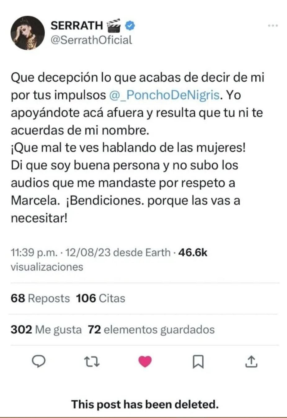 El polémico tuit que publicó Serrath y después eliminó. (Twitter)