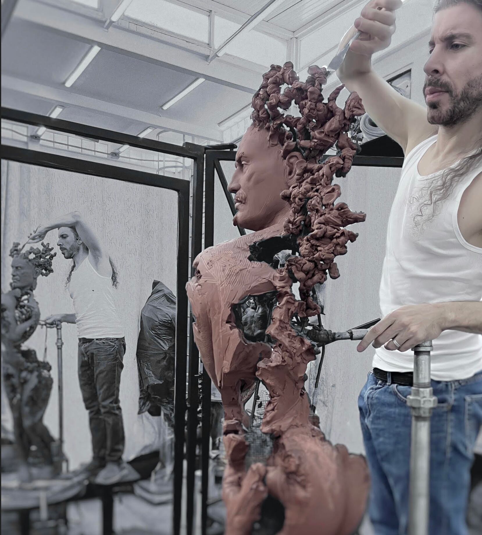 El escultor Walter Marin trabaja en una de sus obras en su estudio de México