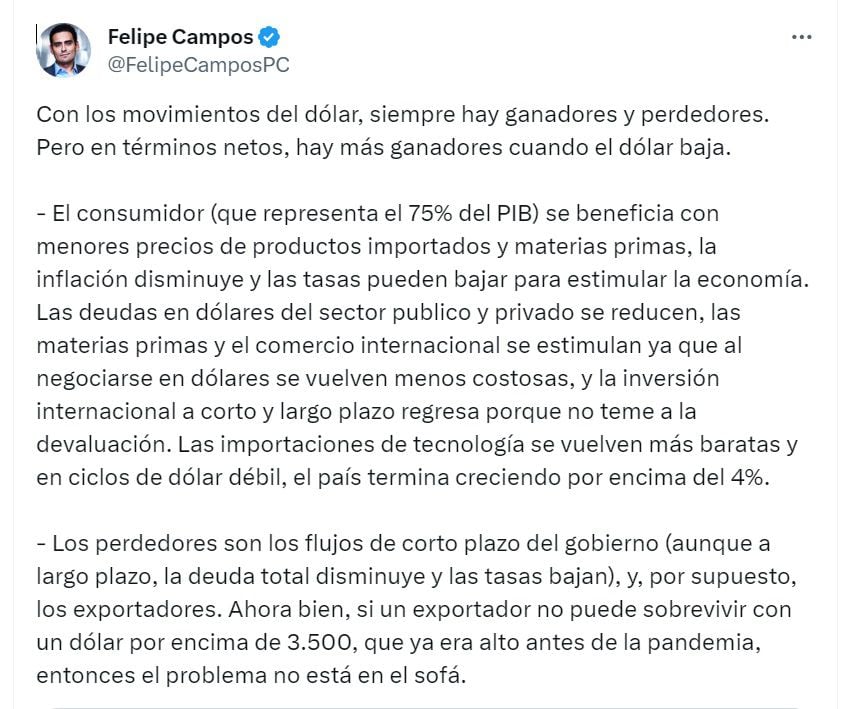 Publicación del economista Felipe Campos, gerente de Inversión y Estrategia de Alianza Valores y Fiduciaria, sobre la volatilidad del dólar en Colombia - crédito @FelipeCamposPC