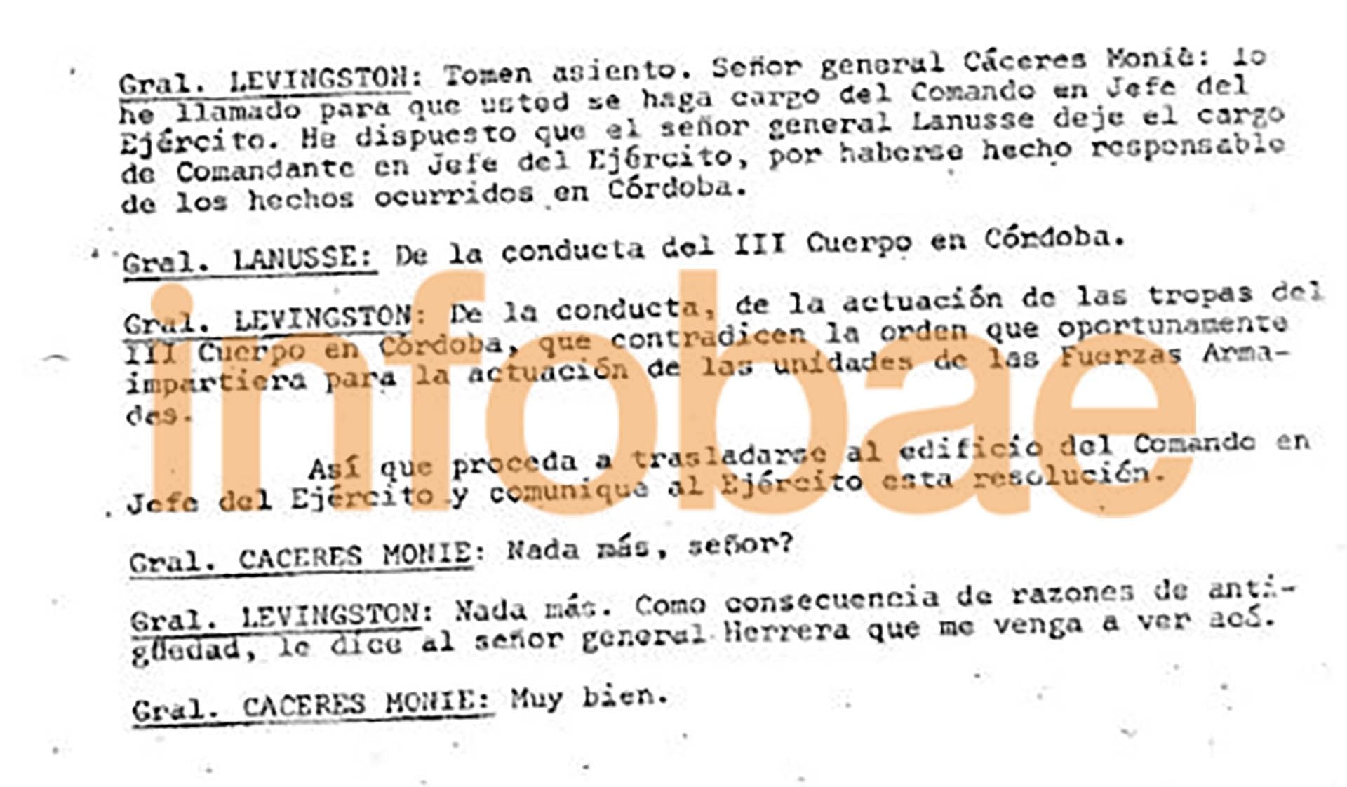 Últimas palabras de la reunión de Levingston y la Junta Militar en que se pretendió relevar a Lanusse