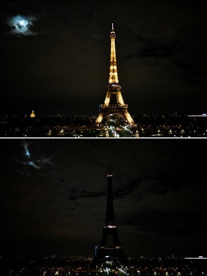 Esta combinación de imágenes tomadas el 27 de marzo de 2021 muestra la Torre Eiffel en París antes (arriba) y después de que se apagara como parte de la campaña medioambiental de la Hora del Planeta