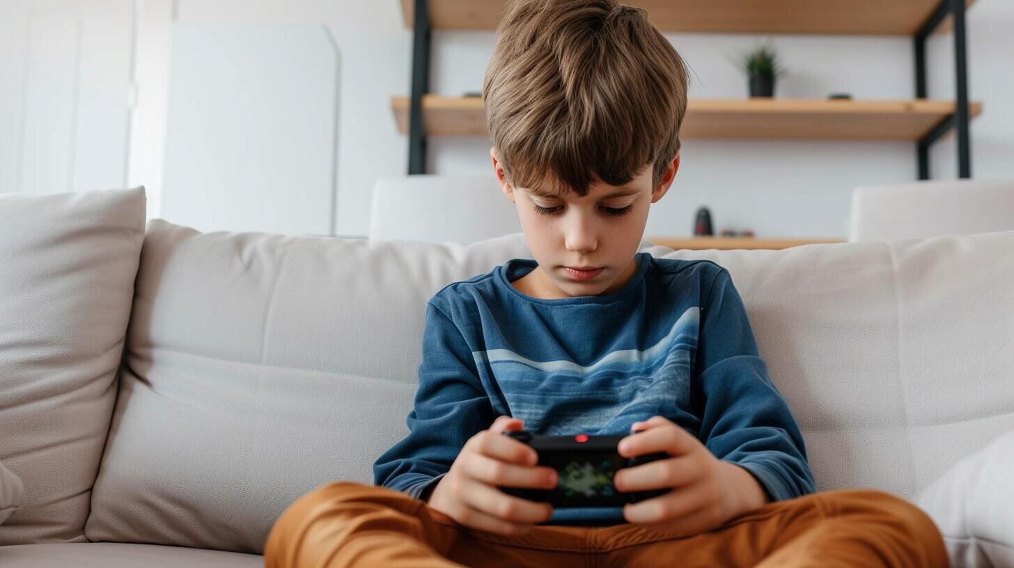 Niño absorto en un videojuego en su teléfono celular mientras está sentado en un sillón, demostrando cómo la tecnología digital y los juegos online se han integrado en la vida cotidiana de los niños. La imagen muestra la concentración y el entretenimiento que proporcionan estos dispositivos en la infancia. (Imagen ilustrativa Infobae)