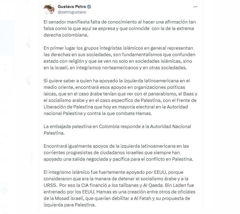 Este es un aparte del extenso mensaje del presidente Gustavo Petro en respuesta a Jota Pe Hernández, tras sus señalamientos a la izquierda colombiana por su respaldo al Hamas - crédito @petrogustavo/X