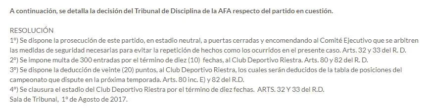 La resolución que publicó la AFA en su sitio web