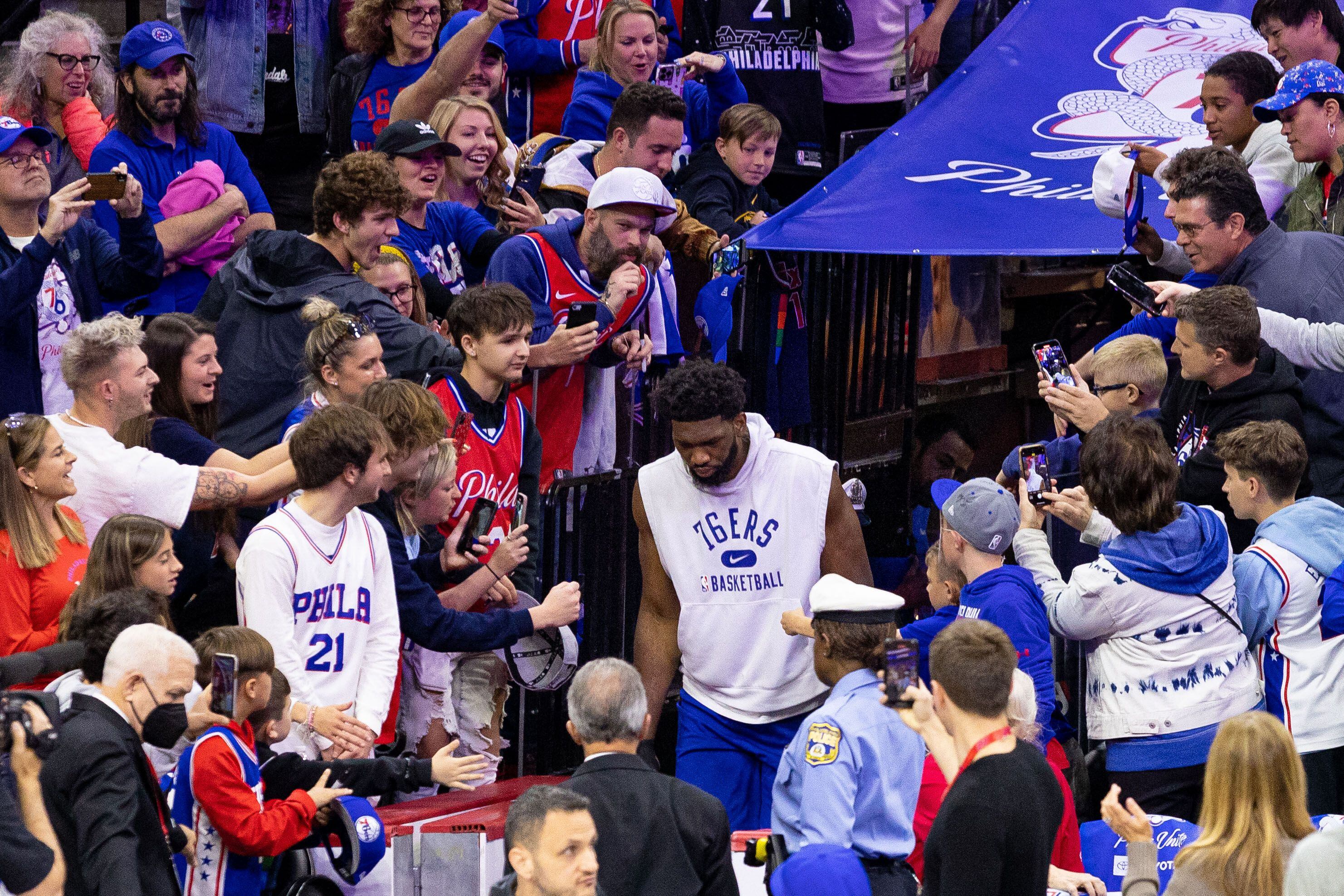 May 8, 2022; Philadelphia, Pennsylvania, USA; Fans gather around the locker room tunnel as Philadelphia 76ers center Joel Embiid takes the court for warm ups before action against the Miami Heat in game four of the second round for the 2022 NBA playoffs at Wells Fargo Center. Mandatory Credit: Bill Streicher-USA TODAY Sports