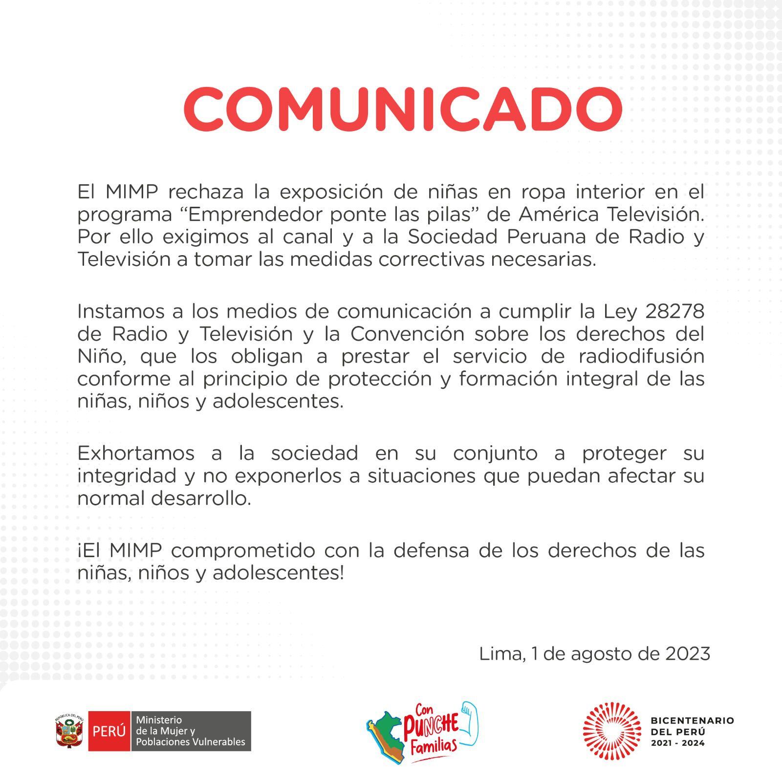 Comunicado Ministerio de la Mujer contra 'Emprendedor ponte las pilas'