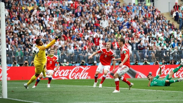 Soccer Football – World Cup – Group A – Russia vs Saudi Arabia – Luzhniki Stadium, Moscow, Russia – June 14, 2018 Russia’s Yury Gazinsky scores their first goal REUTERS/Carl Recine