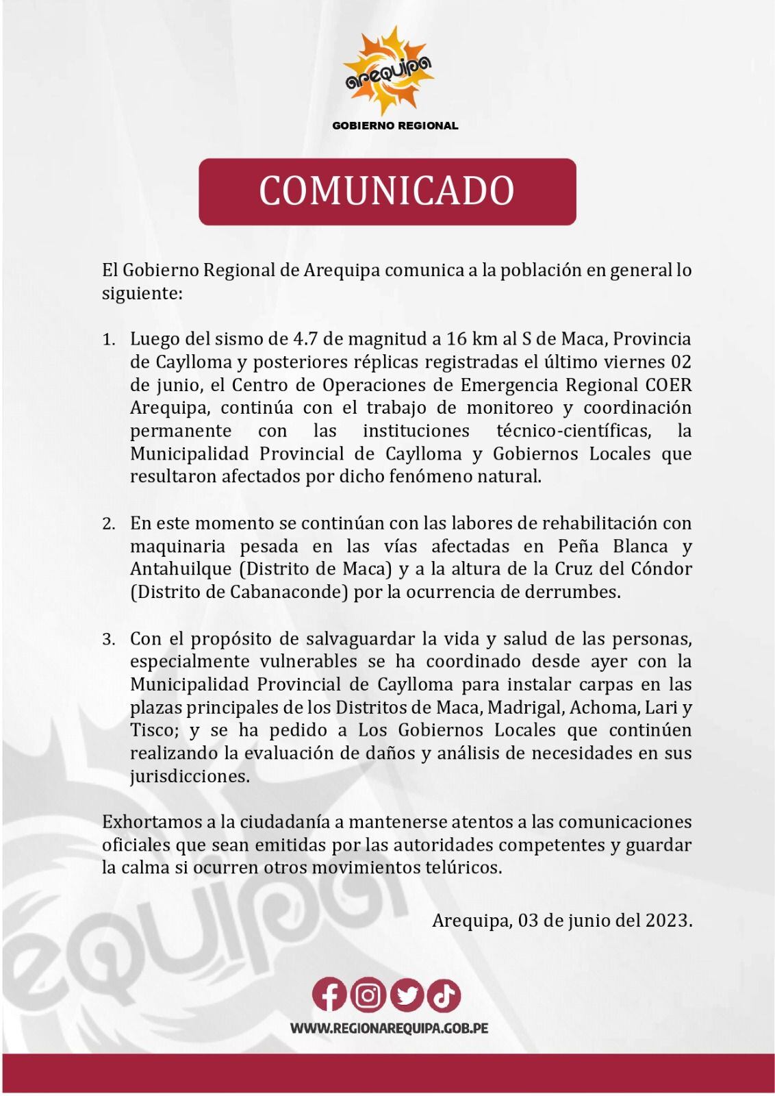 Comunicado del gobierno regional de Arequipa.