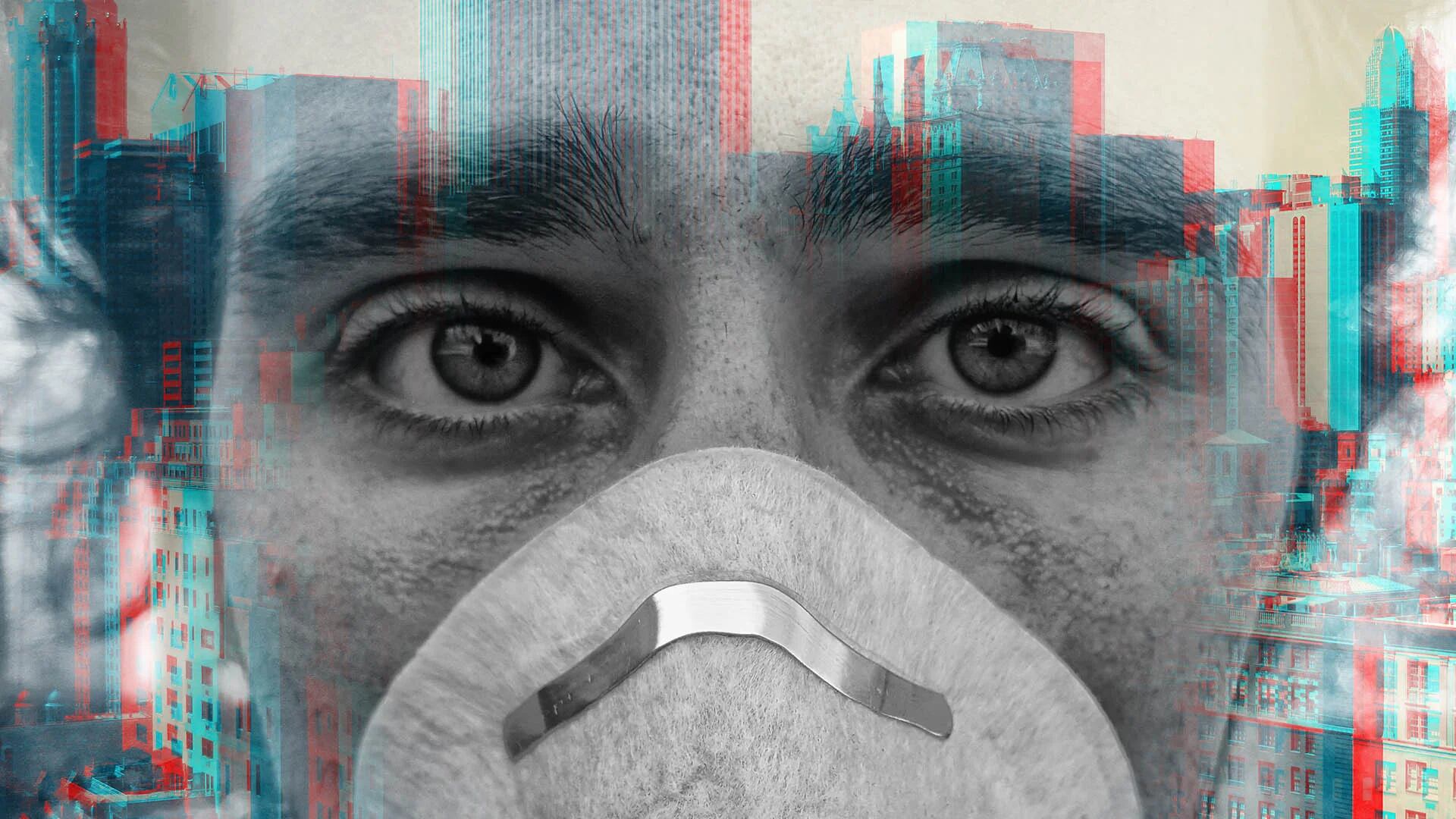 Double exposure portrait of face of young man wearing face mask against virus epidemic and a New York City skyline