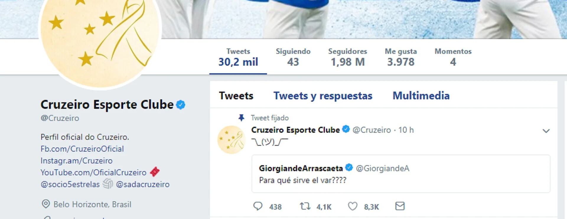 La cuenta oficial de Cruzeiro avaló la publicación de su figura