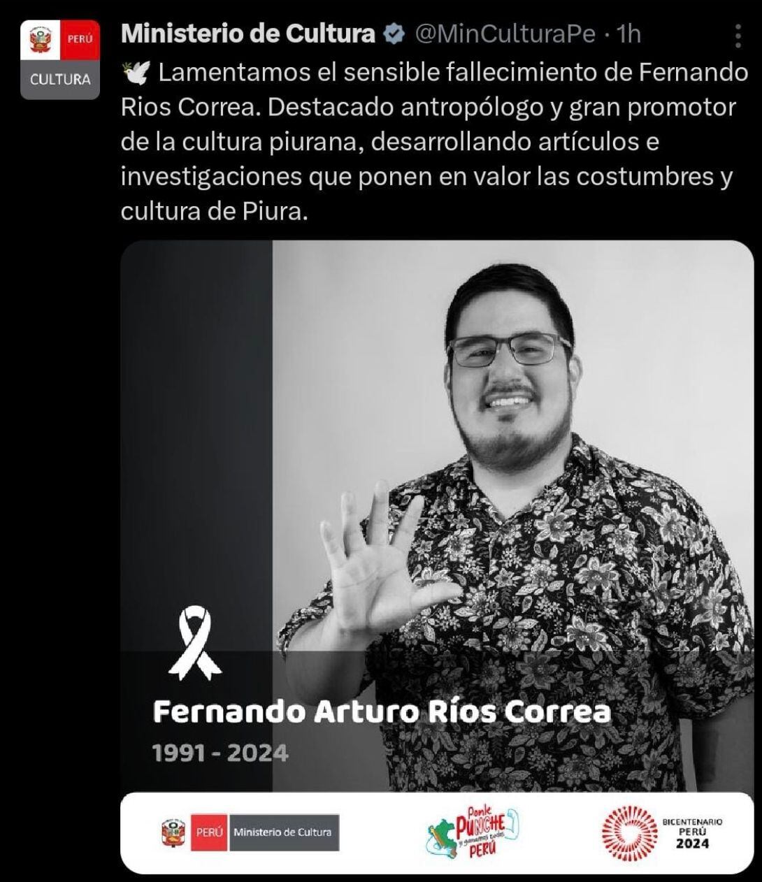 Ministerio de Cultura elimina tuit en el que lamentó fallecimiento de gestor cultural Fernando Ríos.