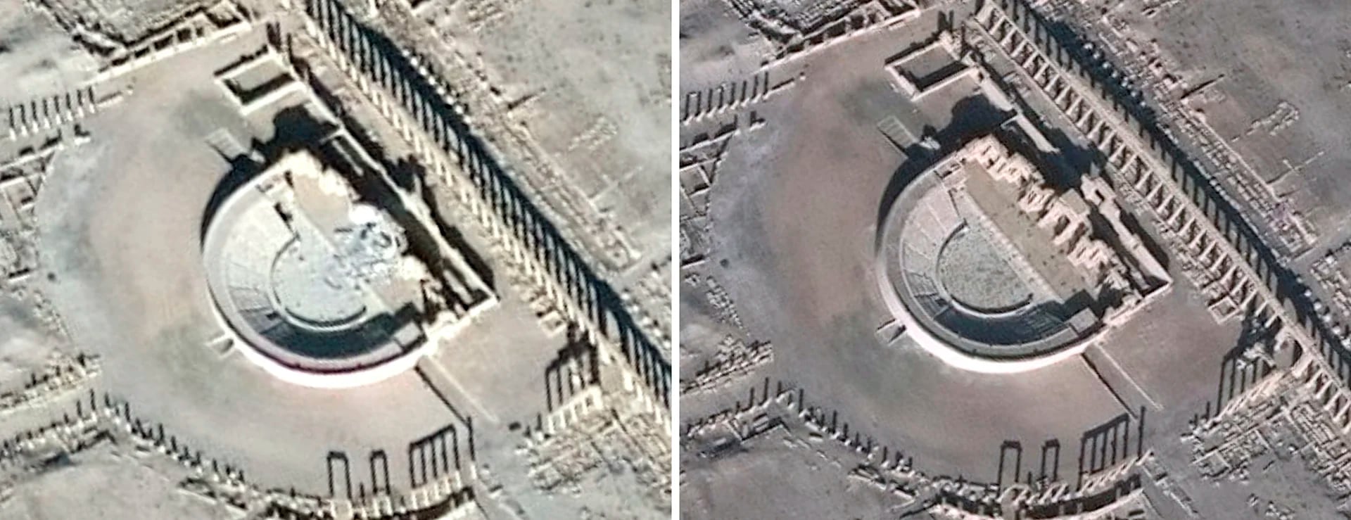Las fotos satelitales que muestran el daño que provocaron los terroristas en el anfiteatro romano de Palmira (AFP Photo / Unitar-Unosat)
