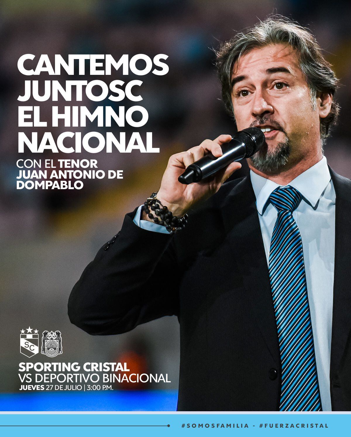 El tenor peruano Juan Antonio de Dompablo fue invitado por Sporting Cristal para cantar previo al duelo con Deportivo Binacional.