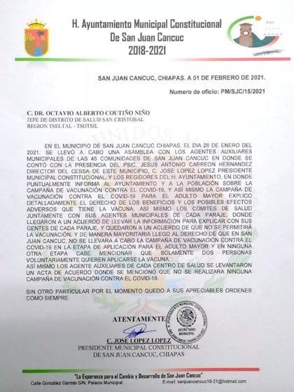 El oficio enviado a las autoridades sanitarias (Foto: Presidencia Municipal San Juan Cancuc)