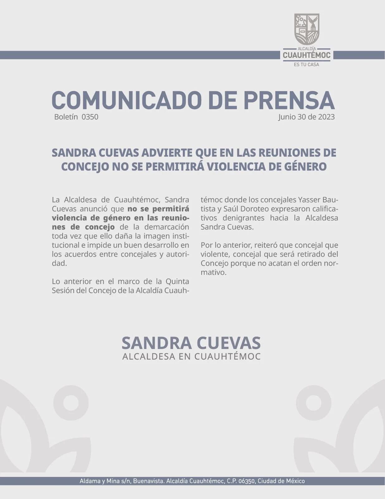 Cuevas adviritió que no tolerará violencia de género en el Concejo (Foto: Alcaldía Cuauhtémoc)