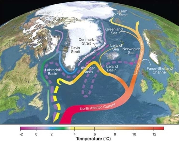 Trayectoria de la corriente atlántica AMOC, que propicia el clima benigno de Europa Occidental. (POLITICA INVESTIGACIÓN Y TECNOLOGÍA WOODS HOLE OCEANOGRAPHIC INSTITUTION/SCIENCE/USG). 