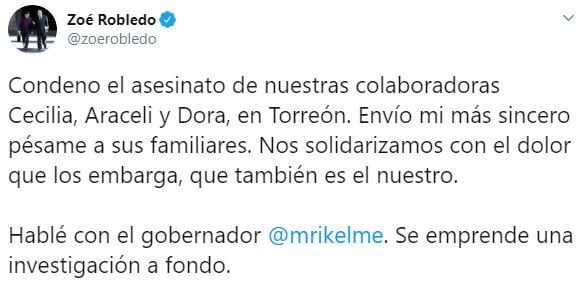 El titular del IMSS, Zoé Robledo, condenó el asesinato de las mujeres (Foto: Twitter/zoerobledo)