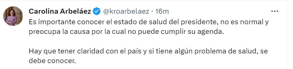 Trino de Carolina Arbeláez sobre estado de salud del presidente - crédito X (antes Twitter).