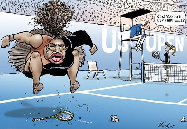 El dibujo en cuestión. “¿Puedes dejarla ganar?”, le dice el juez a Osaka mientras Serena Williams destroza su raqueta