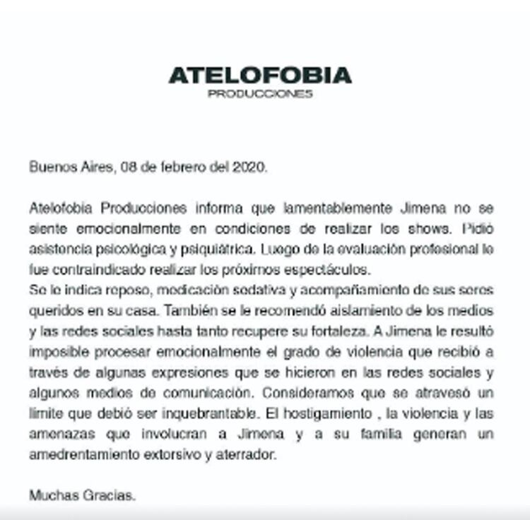 El comunicado que la productora de la artista lanzó para aclarar los motivos de la suspensión de los shows de esta fin de semana 