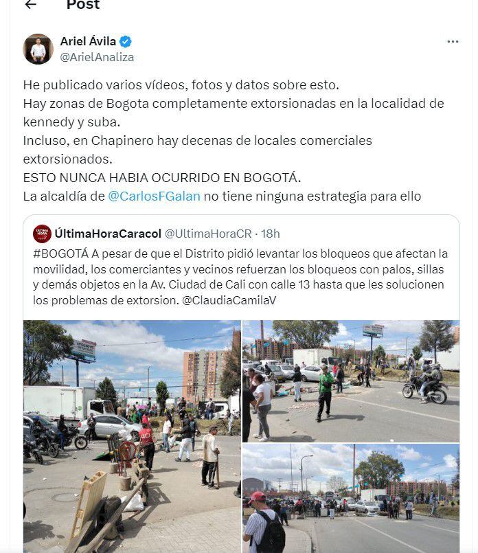 Ariel Ávila habla de las extorsiones en Bogotá - crédito @ArielAnaliza
