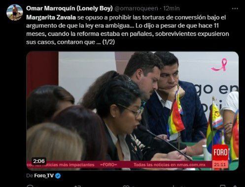 Usuarios de redes sociales criticaron a Margarita Zavala por no votar a favor de prohibir las terapias de conversión. | Captura de pantalla