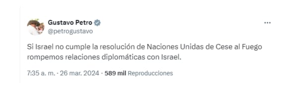 Description: El presidente Gustavo Petro amenazó con romper las relaciones diplomáticas con Israel si no cumple con la resolución del cese al fuego sobre Gaza - crédito captura de pantalla.
