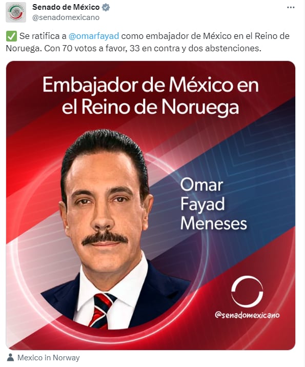 Omar Fayad fue ratificado como embajador de México en Noruega. (X/@senadomexicano)