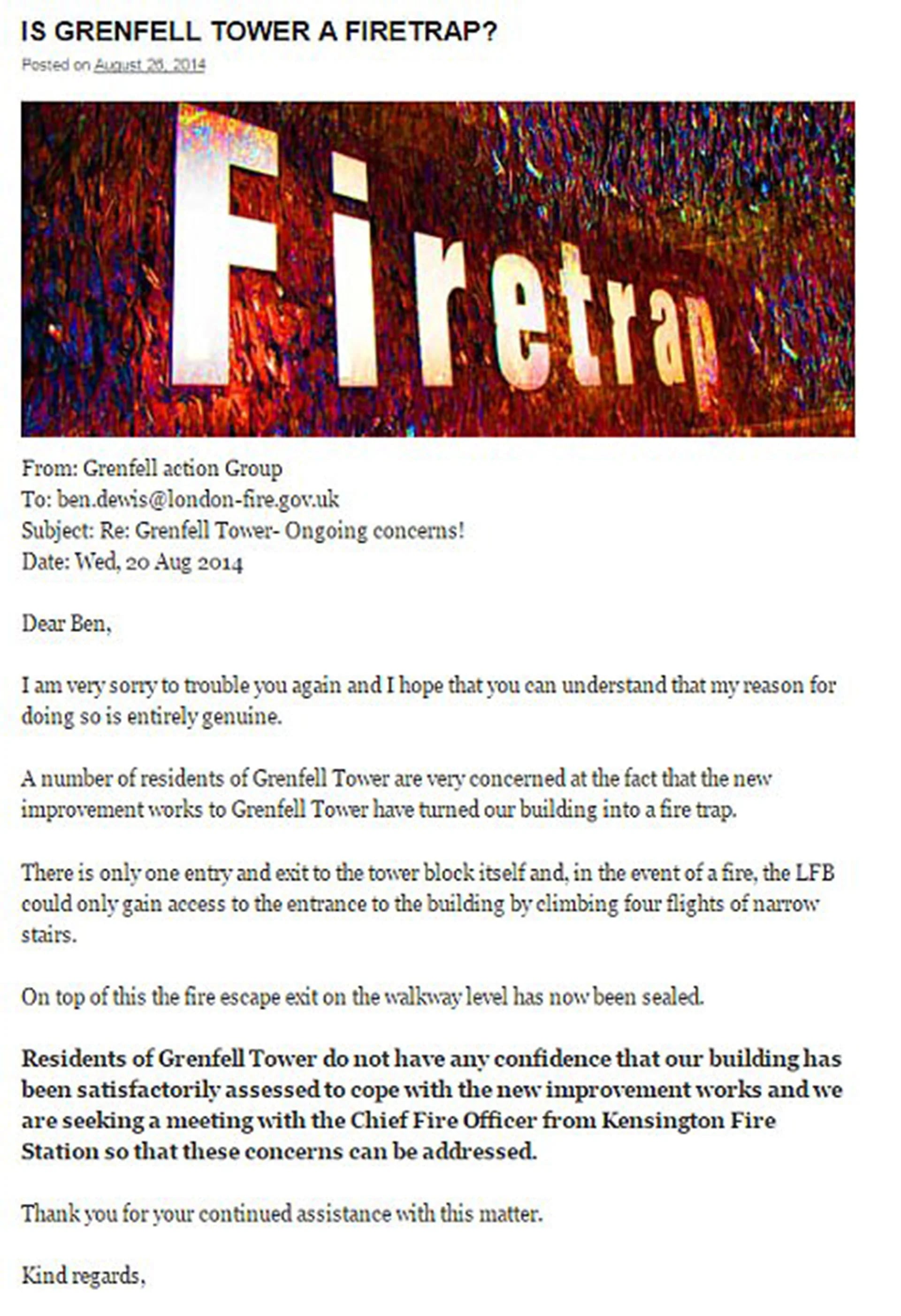 E-mail del Grupo de Accion de Grenfall, enviado en agsoto de 2014, a las autoridades responsables de la prevención de incendios
