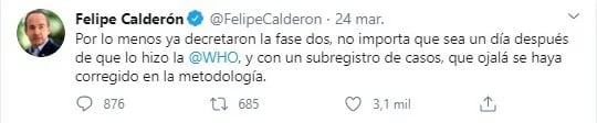 Felipe Calderón polarizó más la discusión en Twitter por sus criticas a la actual administración federal (Foto: Tiwtter@FelipeCalderon)