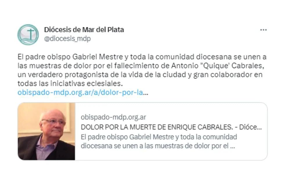 La Diócesis de Mar del Plata destacó el participación de Antonio Cabrales en distintas iniciativas eclesiales 