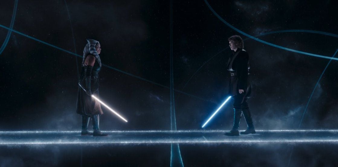 La escena de combate que reunió a dos figuras icónicas en la franquicia "Star Wars". (Disney+, captura)