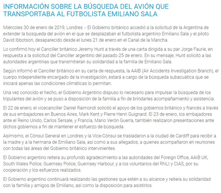 El comunicado completo que publicÃ³ la embajada argentina confirmando que se âextenderÃ¡â la bÃºsqueda